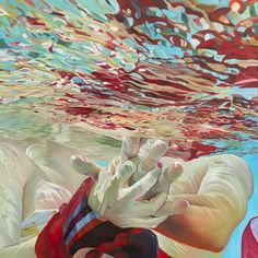 a painting of a person diving in the water with their hand up to his face