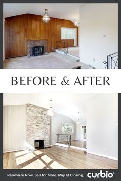 before and after photos of a living room with wood paneling, fireplace, and white walls