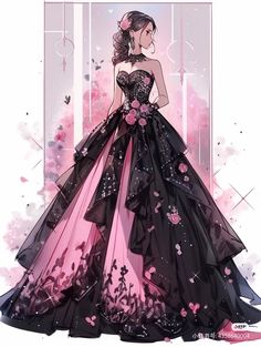 Black And Pink Ball Gown, Pink And Black Dress Ball Gowns, Anime Prom Dress, Pink And Black Wedding Dress, Demon Slayer Ocs, Ball Gowns Drawing, Ball Gowns Fantasy, Dreamy Gowns, Character Fashion