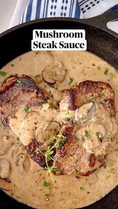 mushroom steak sauce in a cast iron skillet with mushrooms on top and the title overlay reads mushroom steak sauce