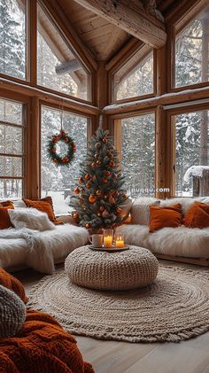 a living room filled with lots of furniture and a christmas tree in the middle of it