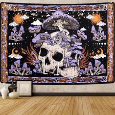 a tapestry hanging on the wall with a skull and mushrooms in purple, orange and black colors