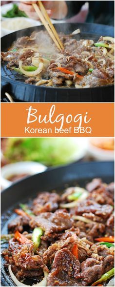 beef and vegetables being cooked in a wok with chopsticks