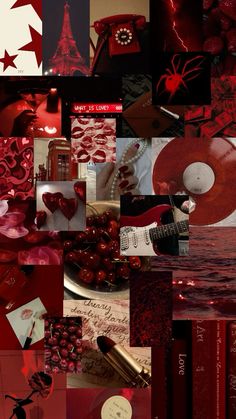 collage of red and black images with the theme of paris