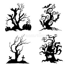 four halloween trees with pumpkins and bats on them royalty illustration - illustration stock illustrations