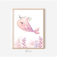 a pink whale with flowers on it's head is floating in the air above water