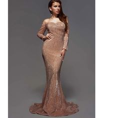 Brand New Never Worn Jamila Collection Polyester Usa Large Back Zipper Pink Long Sleeve Evening Dress For Gala, Elegant Rose Evening Dress, Fitted Blush Evening Dress For Party, Elegant Blush Evening Dress For Party, Elegant Long Sleeve Blush Dress, Blush Long Sleeve Party Dress, Champagne Rose, Pink Gold, Sequin Dress