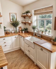 a kitchen with white cabinets and wooden counter tops, potted plants on the window sill