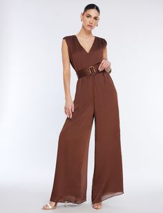 Brown Imogen Belted Jumpsuit | Jumpsuits | BCBGMAXAZRIA Chic Satin V-neck Jumpsuits And Rompers, Formal Satin V-neck Jumpsuit, Chic Satin Jumpsuits And Rompers With V-neck, Spring Brown V-neck Jumpsuits And Rompers, Chic Sleeveless Satin Jumpsuit, Sleeveless Belted Jumpsuits And Rompers For Evening, Sleeveless Satin Jumpsuits And Rompers, Sleeveless Solid Color Satin Jumpsuits And Rompers, Chic Satin Jumpsuits And Rompers In Solid Color