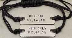 two bracelets that say her one and his only on black cord with silver tags