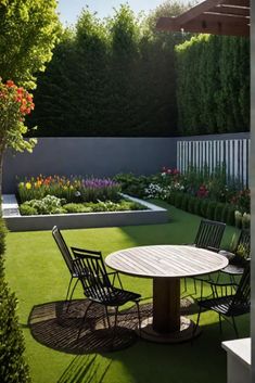 a table and chairs in the middle of a garden