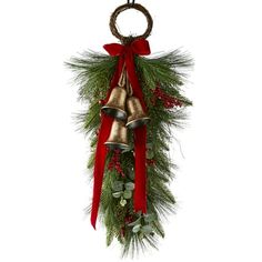 a christmas wreath with bells hanging from it