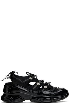 Simone Rocha: Black Beaded Classic Tracker Sneakers | SSENSE Summer Leather Sneakers With Vibram Sole, Leather Sneakers With Vibram Sole For Summer, Spring Black Sneakers With Studded Rubber Outsoles, Black Sneakers With Studded Rubber Outsoles For Spring, Black Leather Sneakers For Spring, Logo Stamp, Nappa Leather, Black Beads, Faux Pearl