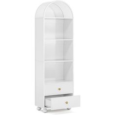 a white bookcase with two drawers and one drawer on the bottom, in front of a