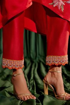 Red silk satin high low kimono kurta with floral bead and thread work embroidery. Paired with coordinating narrow pant. - Aza Fashions Thread Work Embroidery, Pant Women, Embroidered Kimono, Women Kurta, Kurta With Pants, Thread Work, Red Silk, Aza Fashion, Red Floral