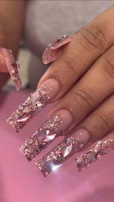 Pink Nails With Pink Rhinestones, Jelly Polygel Nails, Simple Bling Nails Classy, Bling Pink Acrylic Nails, Pink Jeweled Nails, Conquete Nails, Nude Bling Acrylic Nails, Spring Baddie Nails, Glam Pink Nails