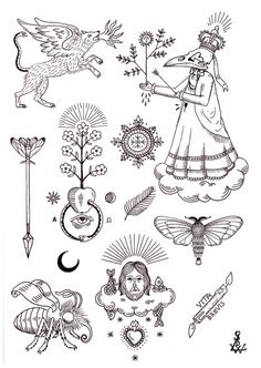 an ink drawing of various symbols and things