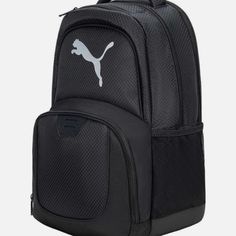 the puma backpack is black and has a white cat on it's back