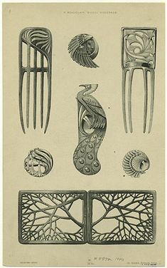 an antique illustration of decorative objects from the 19th century, including forks and spoons