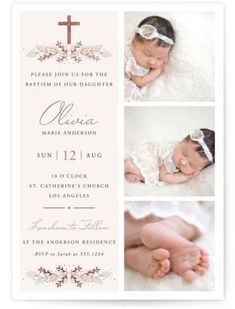 the birth announcement card features three photos of a baby's feet and cross on it