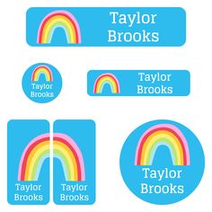 four stickers with rainbows and the words taylor brooks