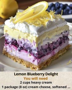 a piece of lemon blueberry delight cake on a plate with the recipe below it