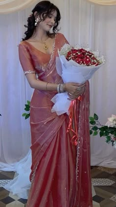 Saree At Wedding Party, Organza Sarees Styling, Flower Design Saree, Blouse Designs Tissue Saree, Organza Sarees For Farewell, Blouse Design For Girls Saree, Red Tissue Saree, Red Farewell Saree, Aesthetic Farewell Saree