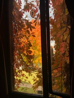 an open window with autumn leaves on the outside