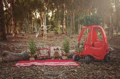 a red car parked in the middle of a forest