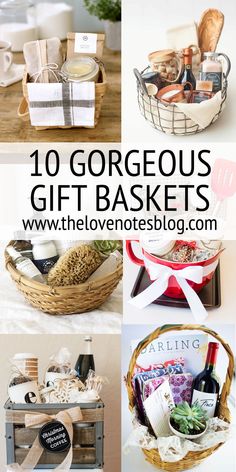 various baskets filled with food and wine on top of a table