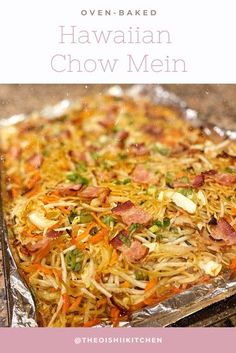 an image of a hawaiian chow mein dish on a baking sheet with text overlay