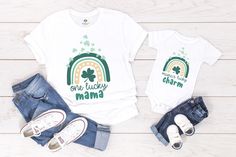 🍀🍀 One Lucky Mama and One Lucky Boy, Girl or Baby Matching Shirts 🍀🍀  🛍 HOW TO ORDER 🛍 1. Check the size. 2. Choose the size and color of the shirt. 4. Select the quantity. 5. Click 'Add to Cart'. 6. Repeat all the steps until you have all the shirts you need. 7. Proceed to check out. We have more St. Patricks Day designs available, please check our main webpage:  https://www.etsy.com/shop/MimisAndCo If you have any questions please ask us, we are happy to help. Green Cotton T-shirt For First Birthday, First Birthday Green Top With Letter Print, St Patrick Day Outfit, Fete Saint Patrick, Lucky Boy, St Patrick's Day Outfit, Mom And Son, St Patricks Day Shirt, Mommy And Me Shirt