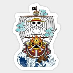 a sticker with a pirate ship on it's back and an image of a cat