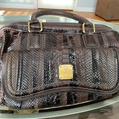 Mcm Dark Brown Python Leather Bag In Excellent Condition, Used Once Mcm Handbags Neiman Marcus, Mcm Clutch, Mcm Bag, Mcm Bags, Vintage Shoulder Bag, Reversible Tote, Gold Bag, Black Shoulder Bag, Pink Suede