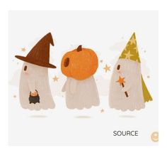 three halloween ghostes wearing witches hats and holding pumpkins in their hands, with the words source above them