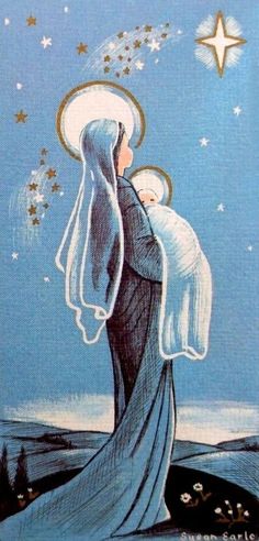 a drawing of a woman holding a baby in her arms and stars above her head