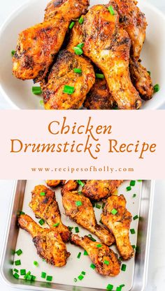 chicken drumsticks recipe on a white plate with green garnish and text overlay