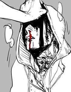 a black and white drawing of a person wearing a hat with blood dripping from it