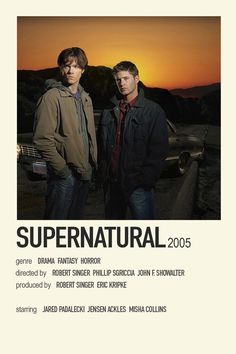 two men standing next to each other in front of an orange sky with the words supernatural on it