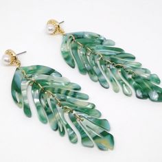 Long Emerald Acrylic Leaf Earrings - Nicki Lynn Jewelry Emerald Acrylic, Tropical Earrings, Button Studs, Tropical Green, Long Dangle Earrings, Lightweight Earrings, Green Earrings, New Green, Feather Earrings