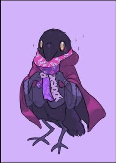 a black bird with a scarf around its neck and eyes, standing in front of a purple background