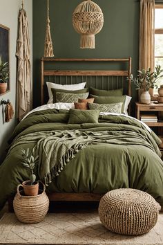 a bed with green sheets and pillows in a bedroom next to a window filled with potted plants