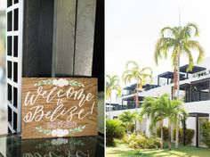 the welcome sign is on display in front of an apartment building with palm trees and greenery