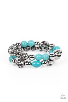 Stamped in leafy accents, faceted silver beads join refreshing turquoise stone beads, shiny silver beads, and textured silver accents along stretchy bands around the wrist for an earthy layered look.

 Sold as one pair of bracelets. Mixed Metal Jewelry, Paparazzi Accessories, Paparazzi Jewelry, Blue Bracelet, Silver Accents, Shiny Silver, Turquoise Stone, Accessories Bracelets, Silver Beads