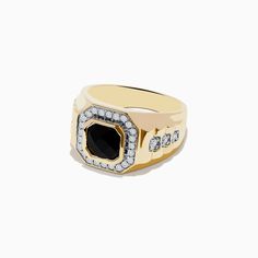 Effy Men's 14K Yellow Gold Onyx and Diamond Ring Black 14k Gold Signet Ring, Black 14k Gold Signet Ring Fine Jewelry, Black Diamond Ring With Vvs Clarity In 14k Gold, Black Diamond Ring 14k Gold Vvs Clarity, Black 14k Gold Ring With Center Stone, 14k Gold Black Ring With Center Stone, Formal Black Diamond Ring Stamped 14k, Classic Black Ring With 17 Jewels, Classic Black Diamond Ring Stamped 14k