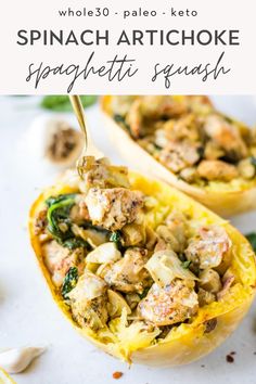 spinach artichoke spaghetti squash is an easy and healthy side dish