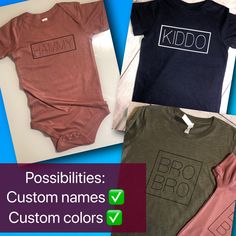 "Beautiful, comfortable, stylish shirts for the whole family. The simplicity of the colors and design makes any combination you choose, perfect for your loved ones. Comfort is key here with these high quality, ultra soft bella + canvas shirts. Examples shown: MAMA (in square) black lettering on mauve triblend shirt DADA (in square) black lettering on olive triblend shirt PAPA (in square) black lettering on olive triblend BABY (in square ) black lettering on mauve triblend infant one piece bodysu Cute Cotton Shirt For Family Occasions, Casual Fitted Tops For Father's Day, Fitted Casual Tops For Father's Day, Fitted Cotton Matching T-shirt, Family Matching Soft-washed Cotton Tops, Family Matching Short Sleeve Tops, Custom Print Cotton Shirt For Family Occasions, Family Matching Solid Color Short Sleeve Tops, Cotton Shirt With Custom Print For Family Events