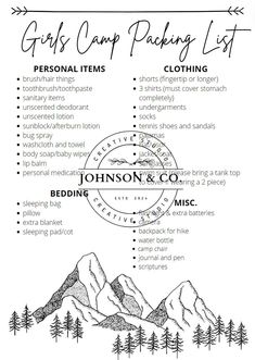 the groom's camp packing list is shown in black and white, with pine trees on