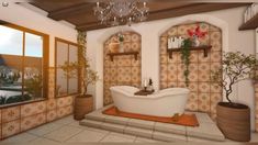 a bathroom with a tub, potted plants and chandelier hanging from the ceiling