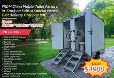 an advertisement for the mobile toilet factory in china, with prices on sale at special prices